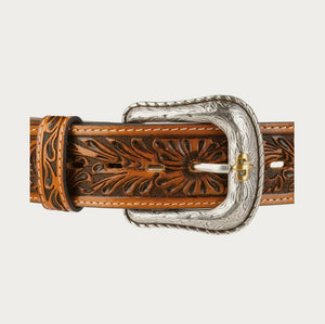 CEINTURE CUIR STETSON Tooled Leather Belt - marron